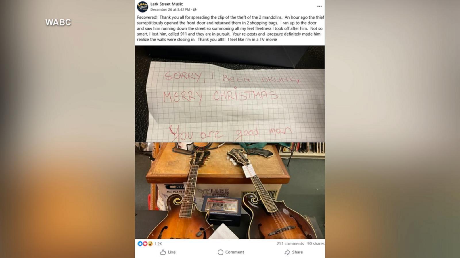WATCH:  Thief returns stolen mandolins to guitar store with apology note